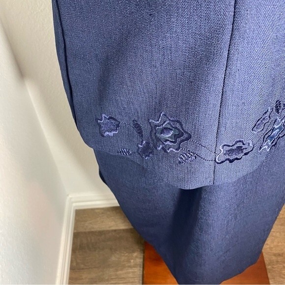 Vintage Navy Embroidery Midi Sheath Dress Deco Buttons Linen Look by VIRGO SZ 16 - Picture 4 of 13